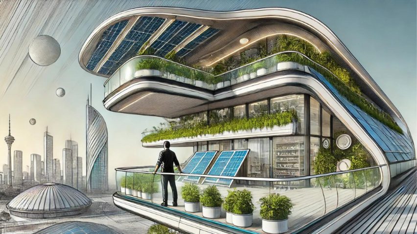 Illustration of person in a futuristic building