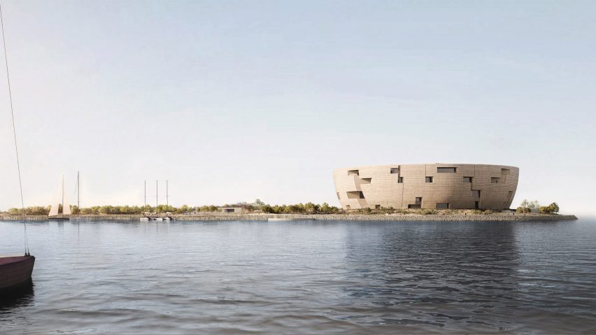 Realistic visualisation of a circular, drum-shaped museum made from sand coloured stone. The view is across a bay of water.