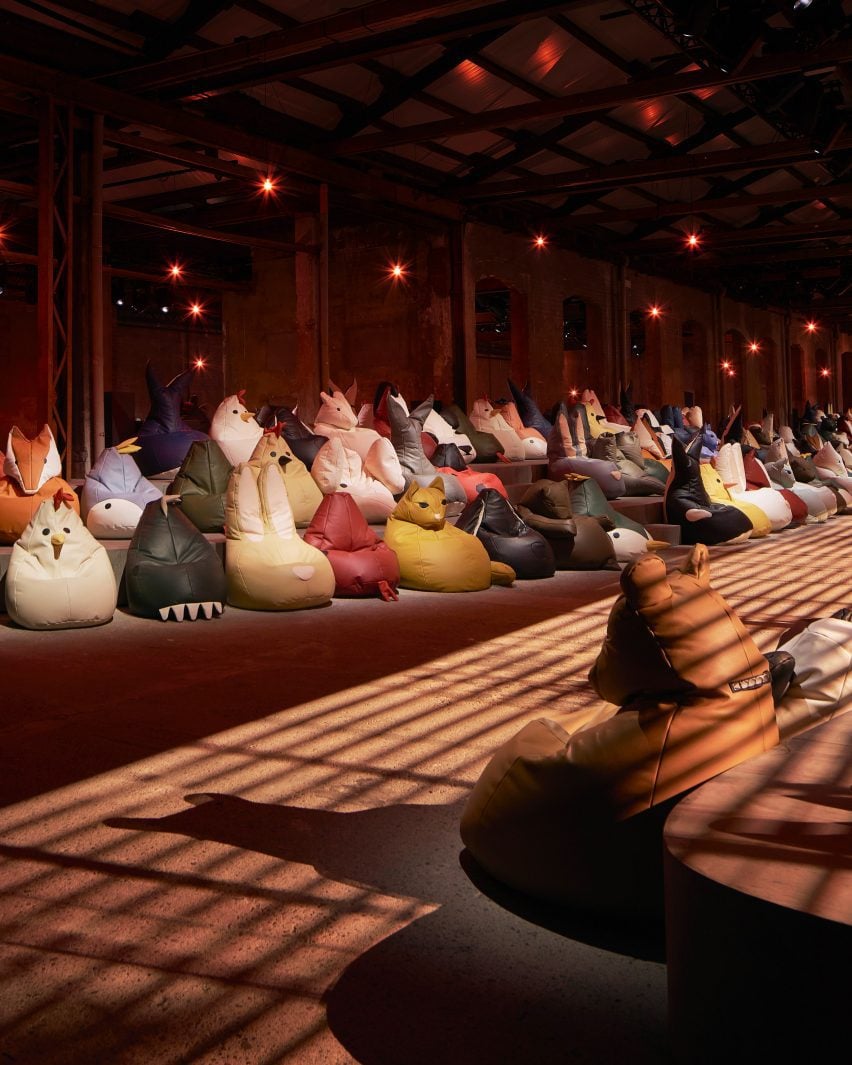 Animal-shaped beanbags lining a catwalk