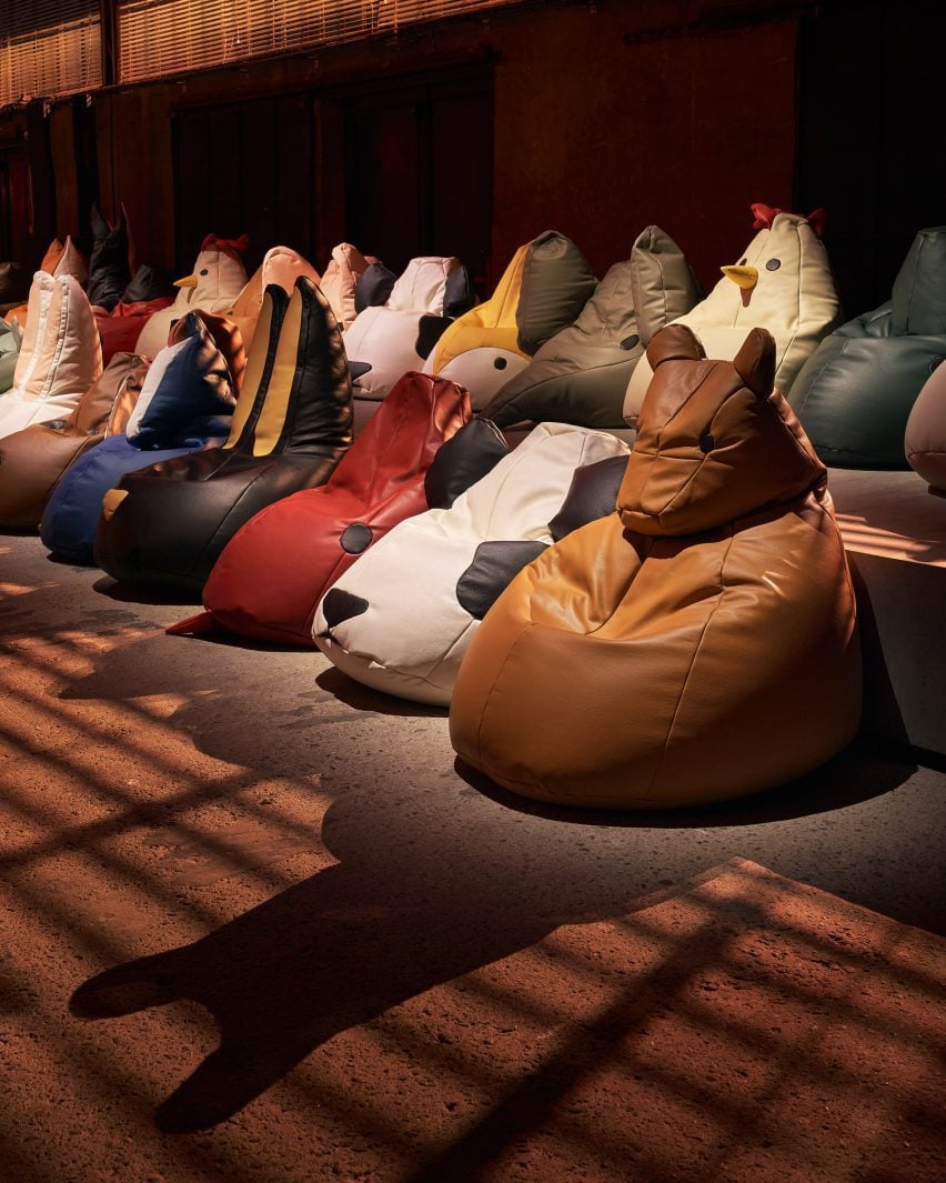 Animal-shaped beanbags lining a catwalk