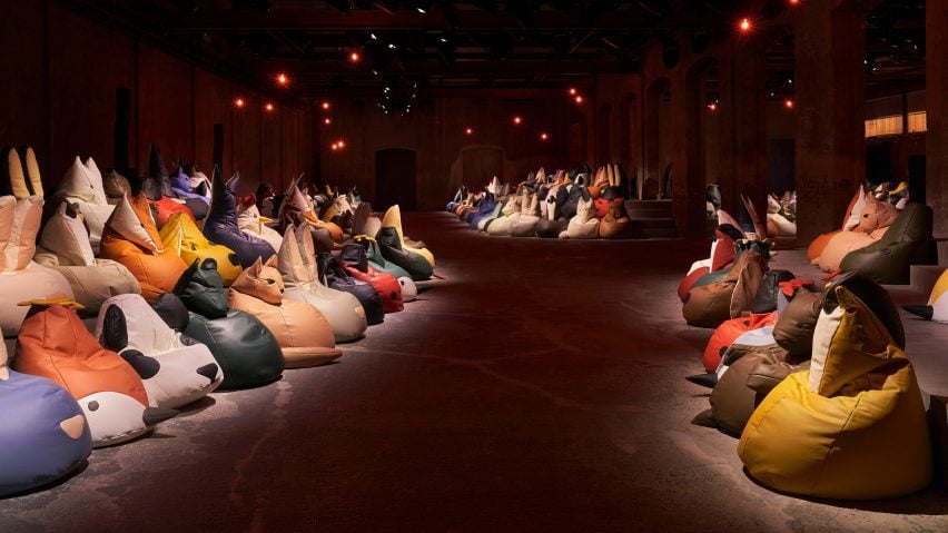 Animal-shaped beanbags lining a catwalk