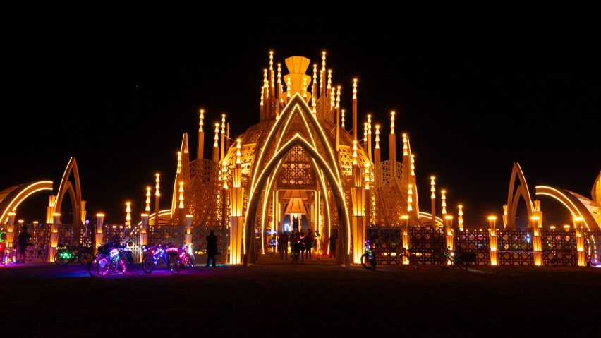 Burning Man temple at dark