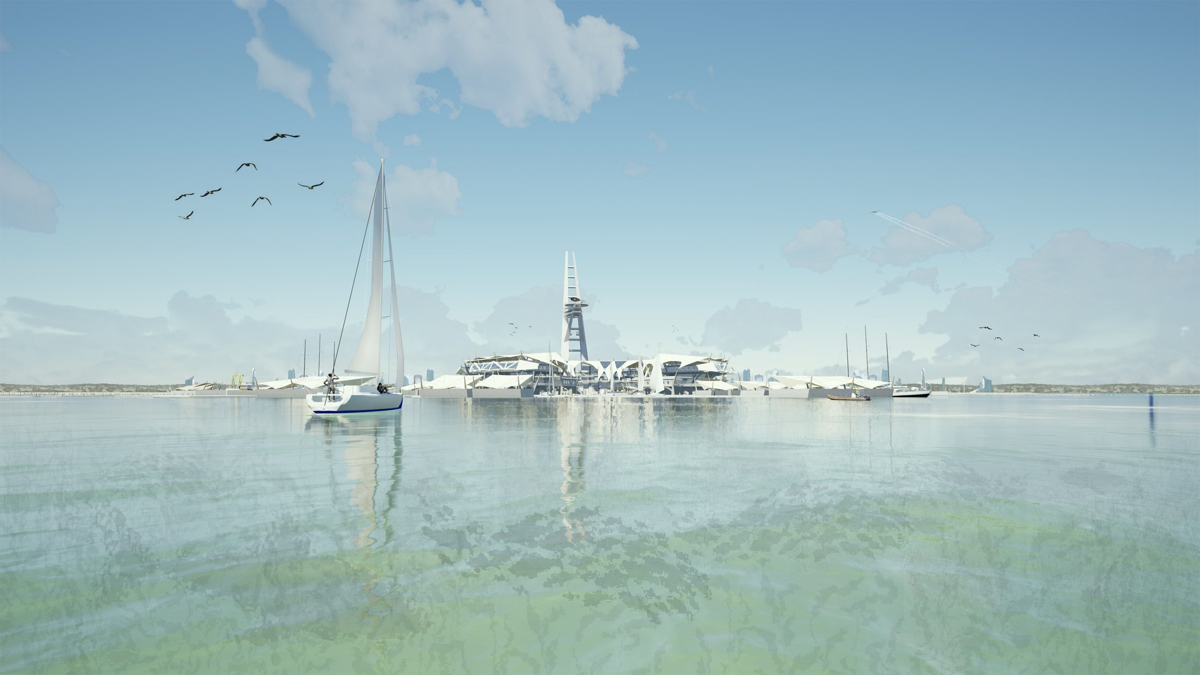 A visualisation of a turquoise body of water with white boats on it. A white high building can be seen in the distance, as well as a blue sky above.