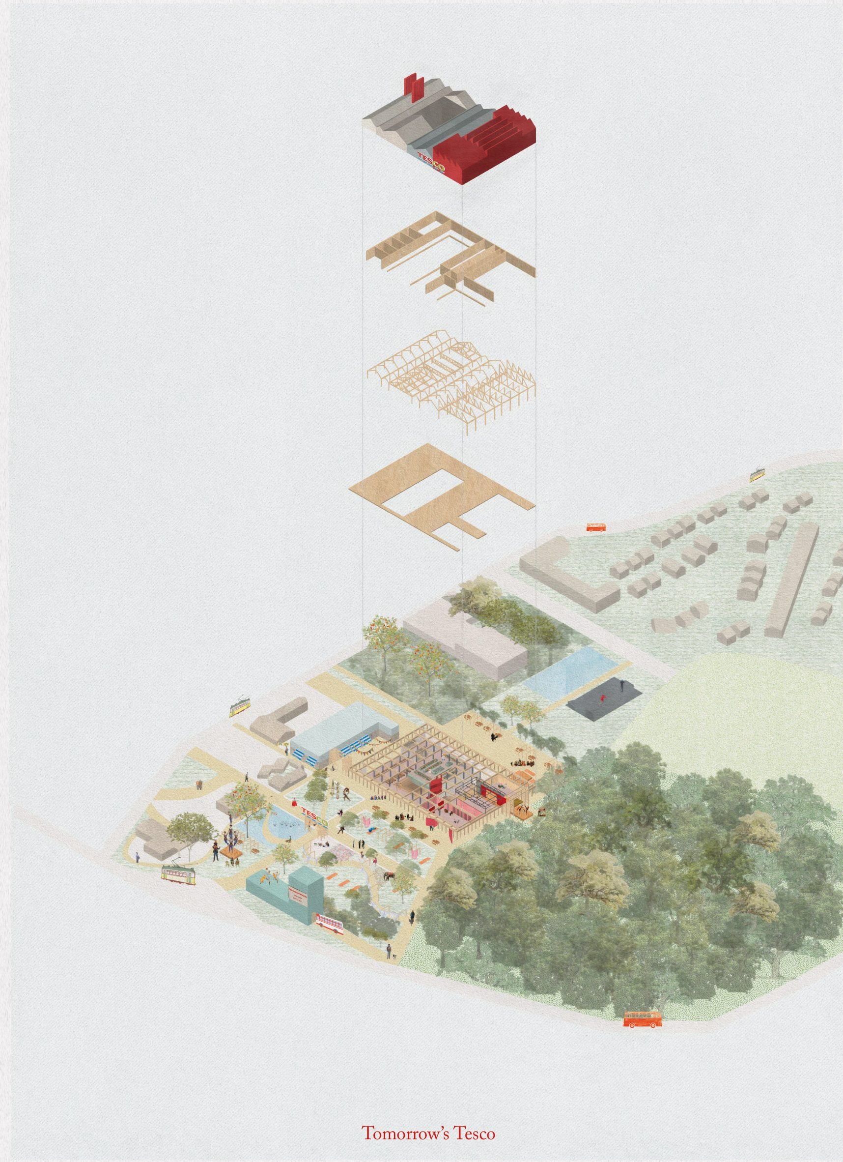 A visualisation of a refurbishment plan for a supermarket, to be turned into a community centre. It features tones of red, grey and brown, amongst green land.