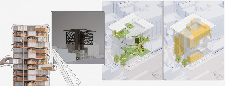 A series of visualisations for the refurbishment of a multi-storey carpark into a housing complex, featuring tones of brown, green and yellow.