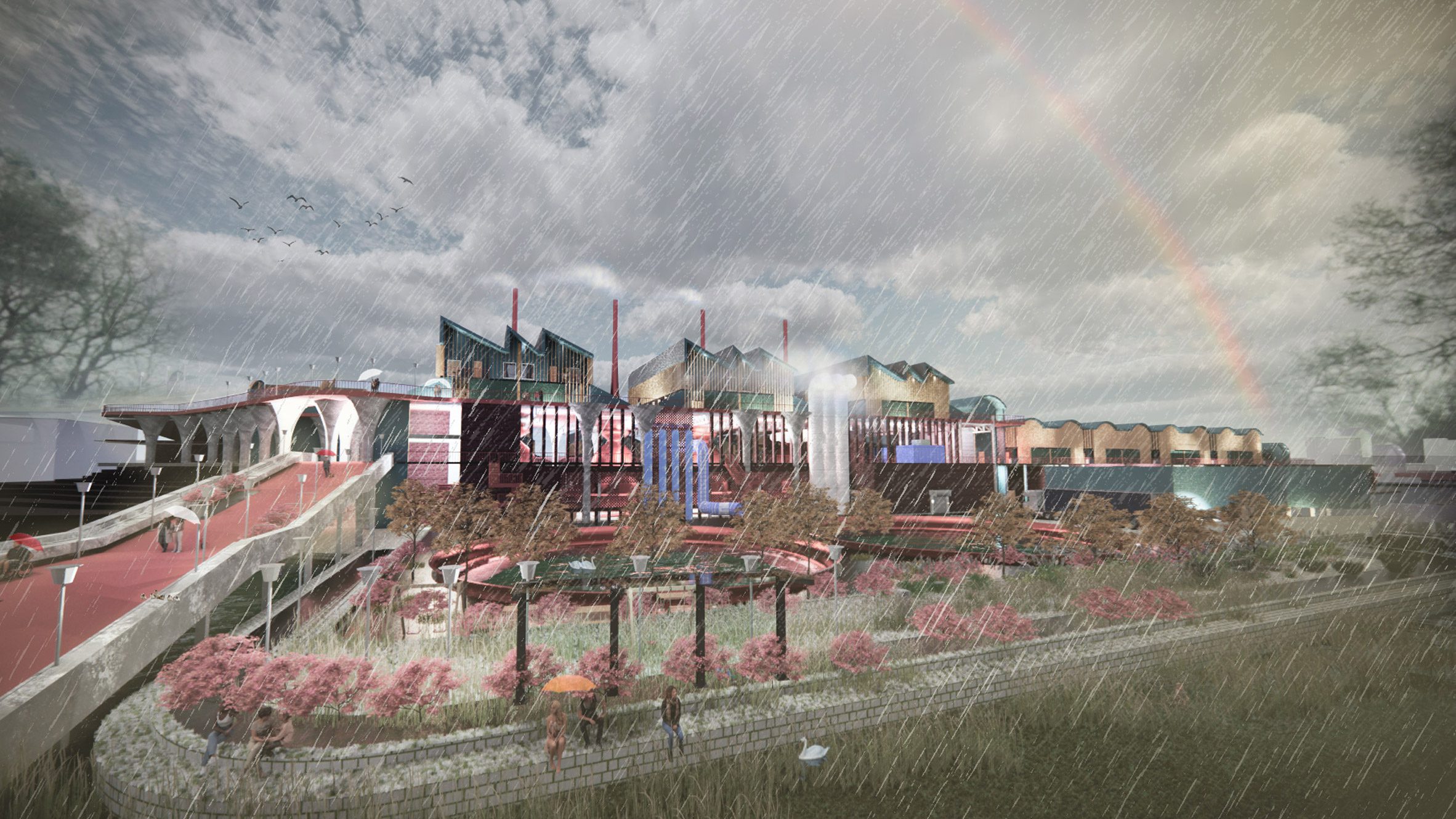 A visualisation of a series of buildings in varying tones of brown, red, blue and white, with heavy rain falling and a rainbow in the sky.