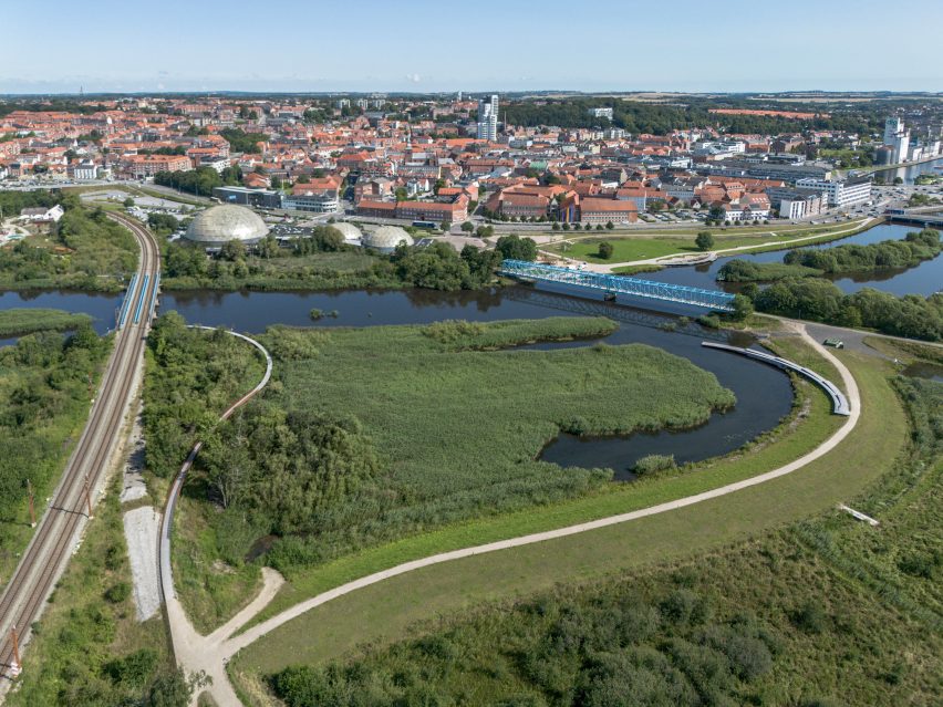 View across Stork Meadow flood defence system in Randers