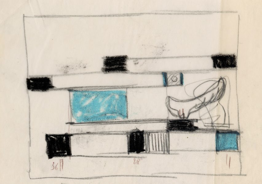 Charlotte Perriand, Quatre croquis de la bibliothèque Nuage avec panneaux latéraux, compartiment tourne-disque, étagères pour disques, radio intégrée et bar. Pour présentation à la galerie Steph Simon. Élévations, 1956. Mine de plomb et crayon de couleur sur papier calque. AChP 53.191