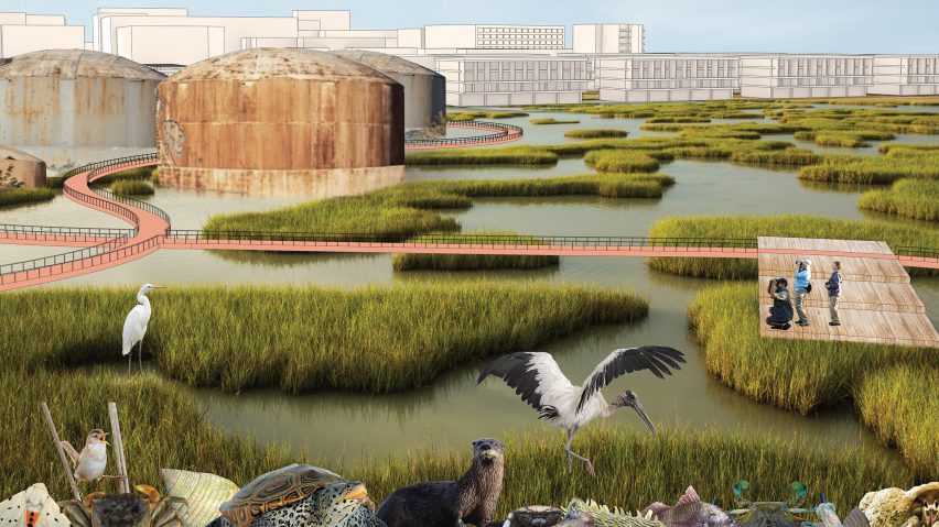 A visualisation of a redevelopment of a peninsula in Charleston, USA, showing a body of water with greenery throughout and varying sealife and people around it.