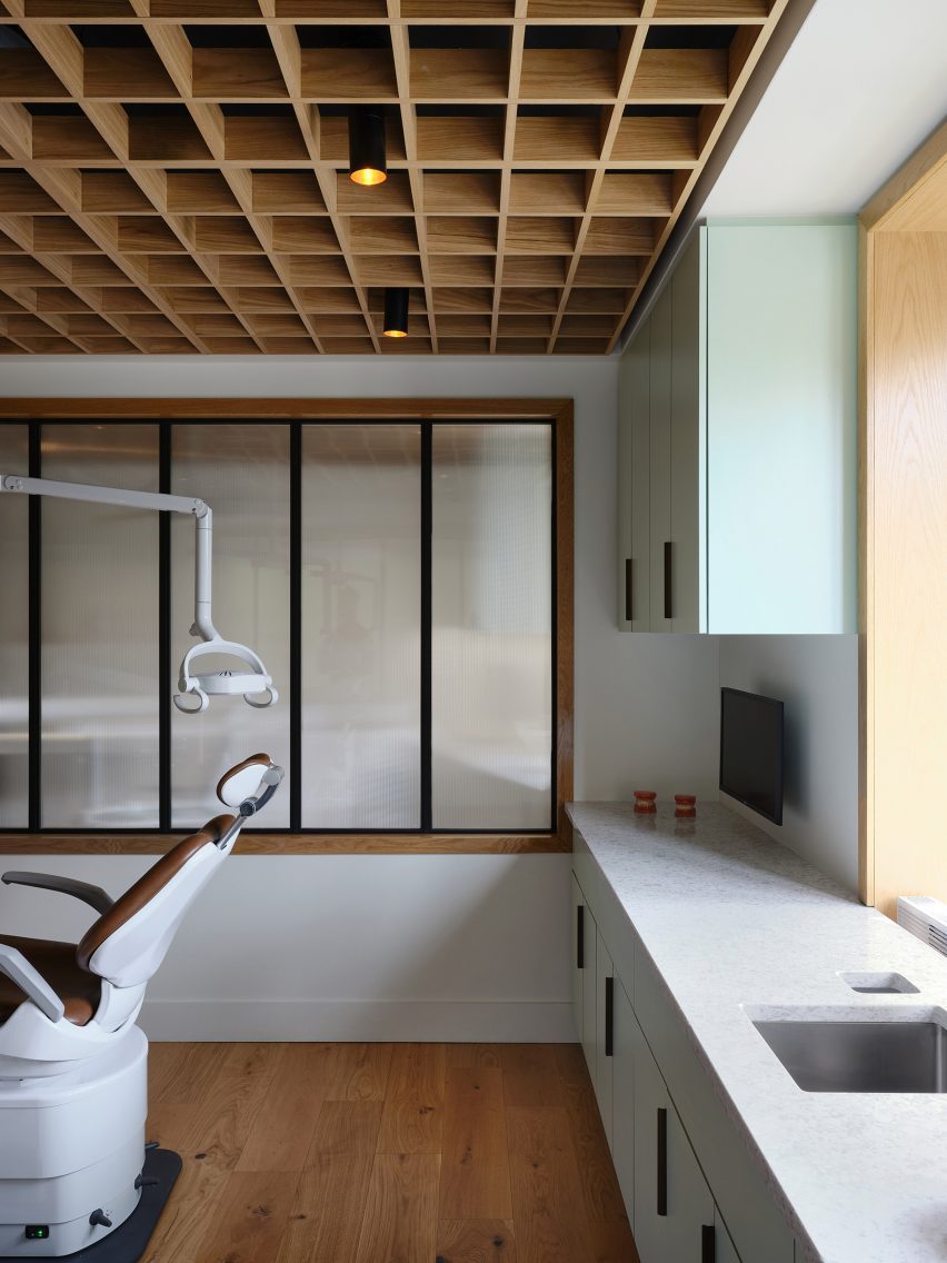 Dental consultation room with a coffered ceiling