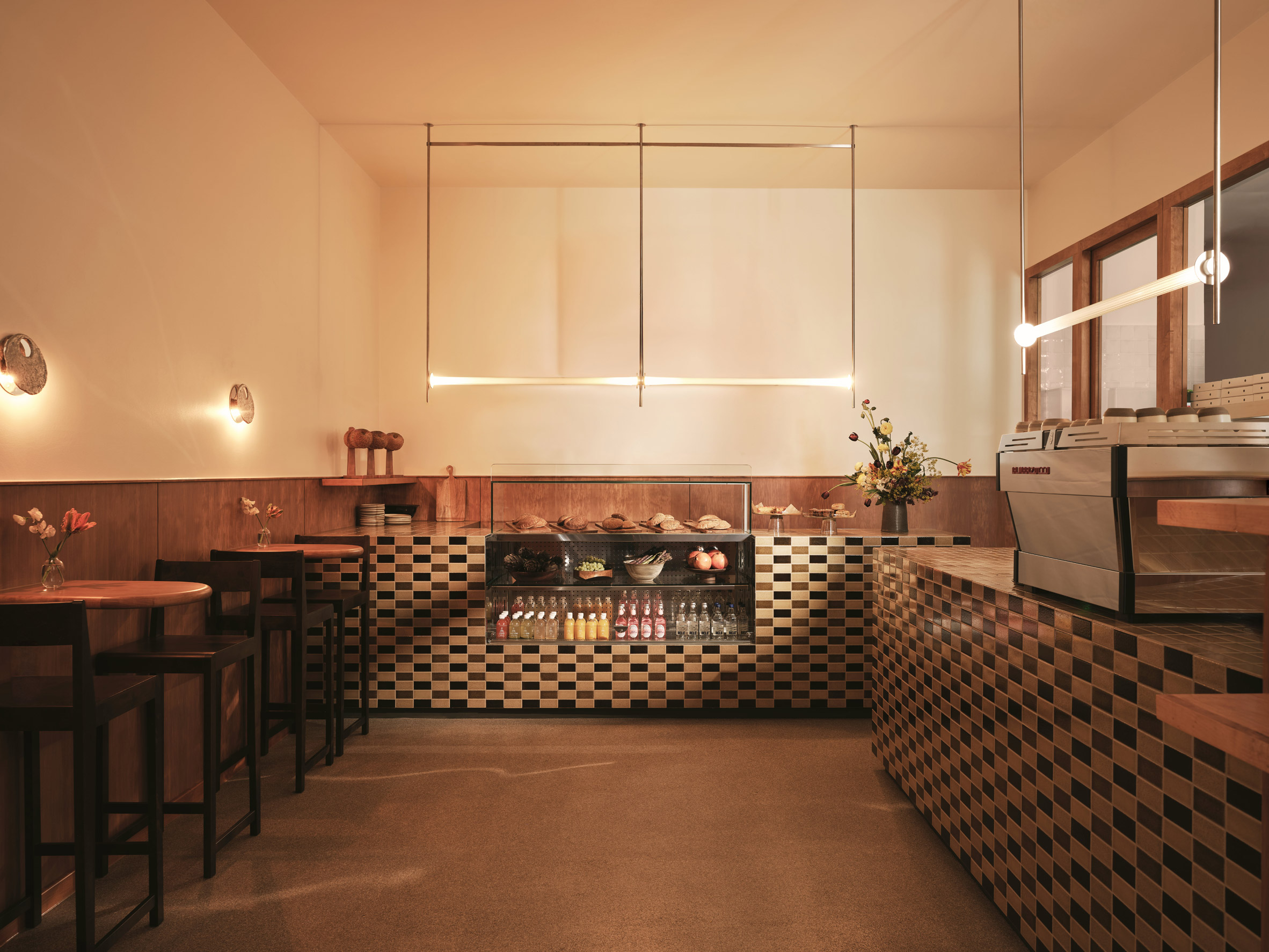 Bakery interior with checkered tile counters