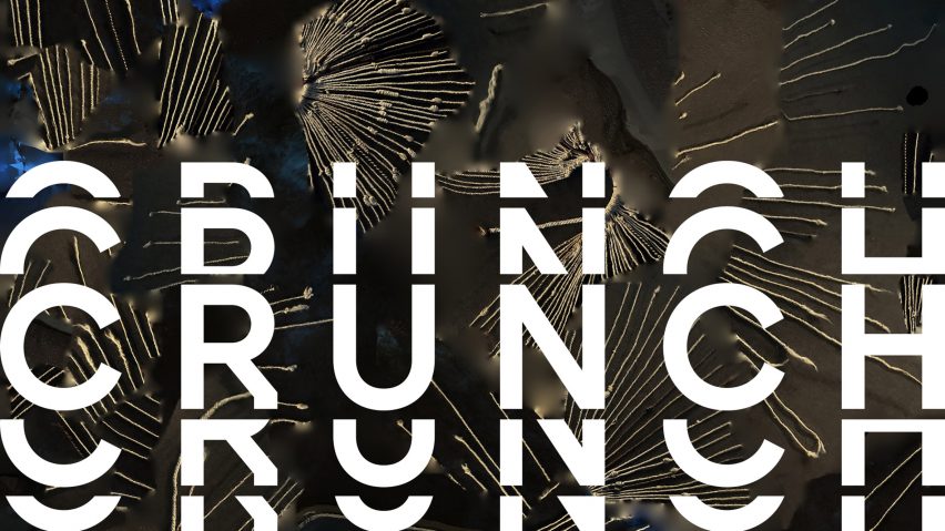 An image displaying abstract patterns in tones of brown and blue, with the word 'crunch' overlaid in white text.