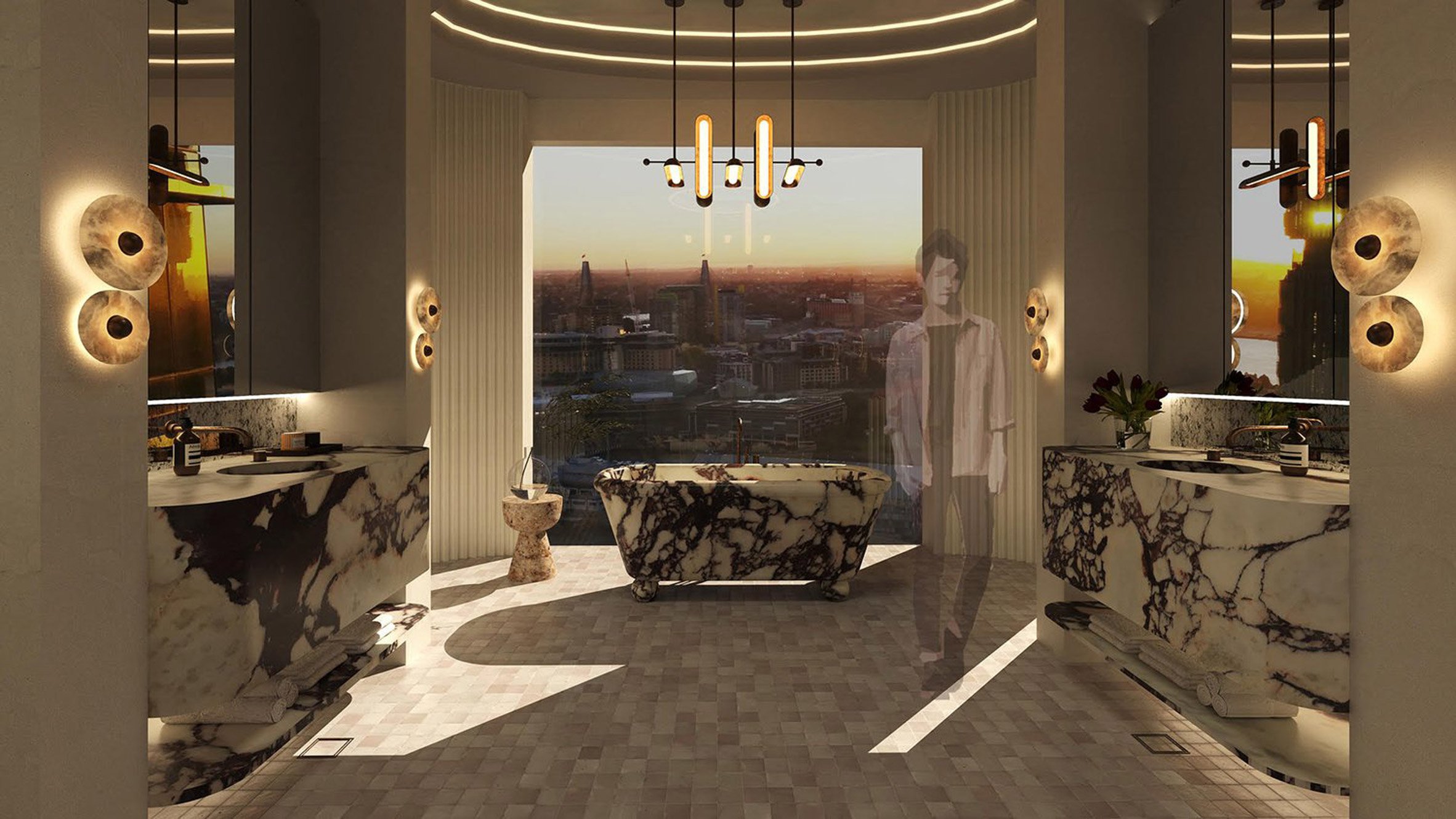 A visualisation of a bathroom in tones of brown and beige, with a person in the space, and a window displaying a sunset.