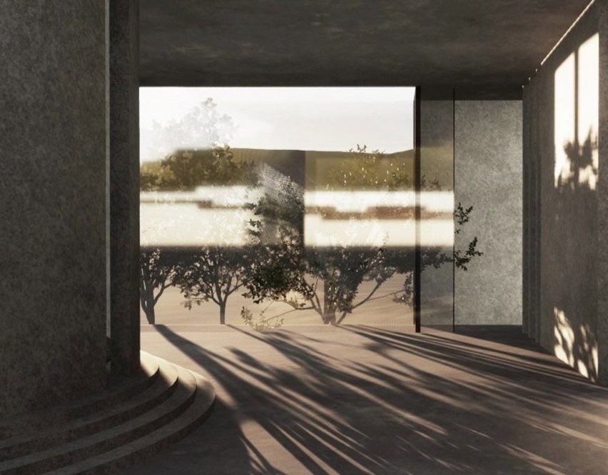 A visualisation of an empty room in tones of grey and brown, with a large window displaying a tree outside.