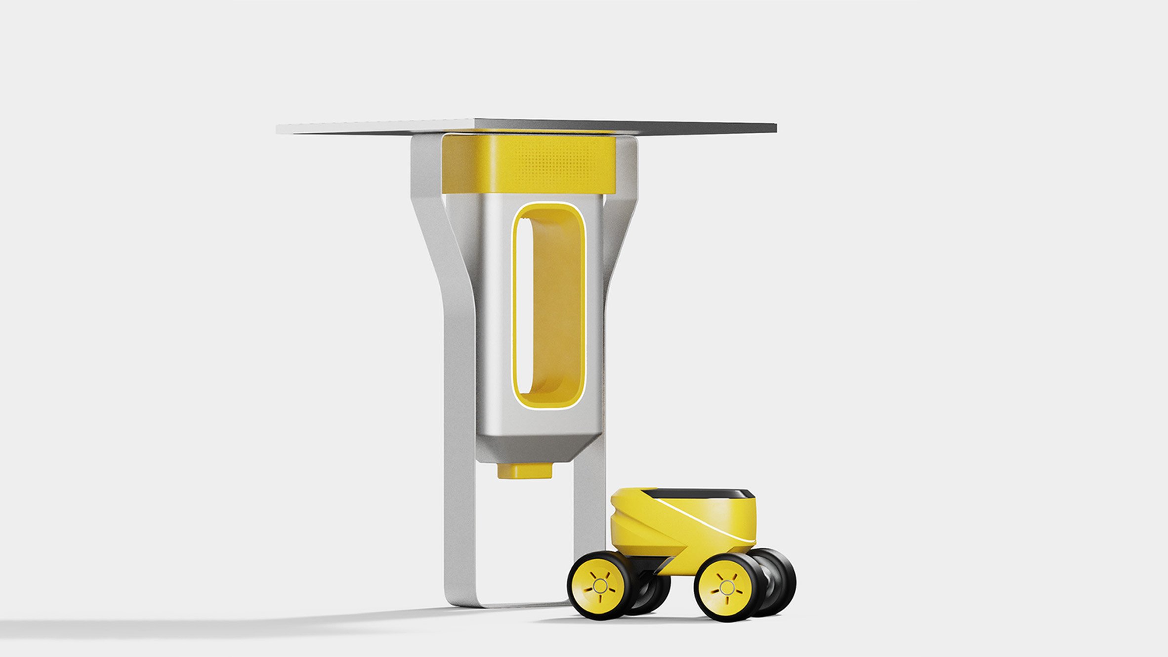 A visualisation of a device in tones of yellow, silver and black that mitigates damage of bushfires.