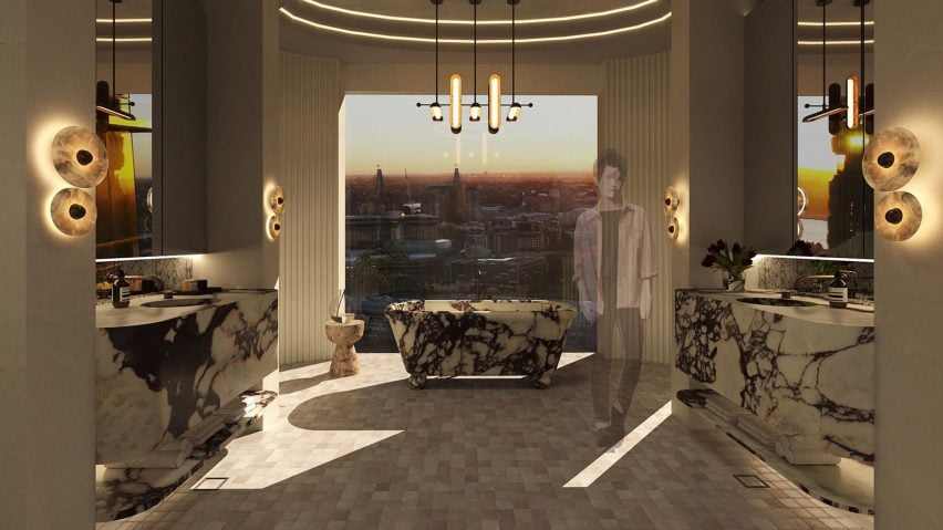 A visualisation of a bathroom in tones of brown and beige, with a person in the space, and a window displaying a sunset.