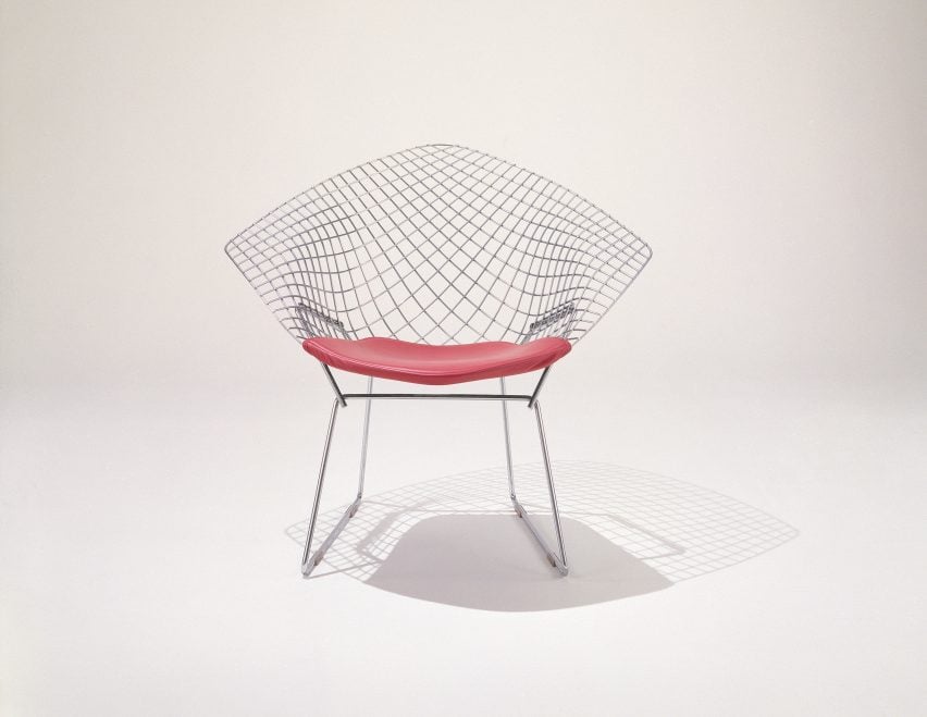 Diamond Chair with red cushion by Harry Bertoia for Knoll