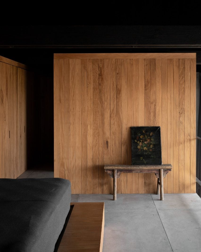 Wooden wall with wooden stool