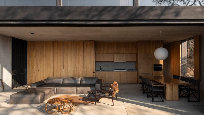 Wooden interior of concrete mexican house