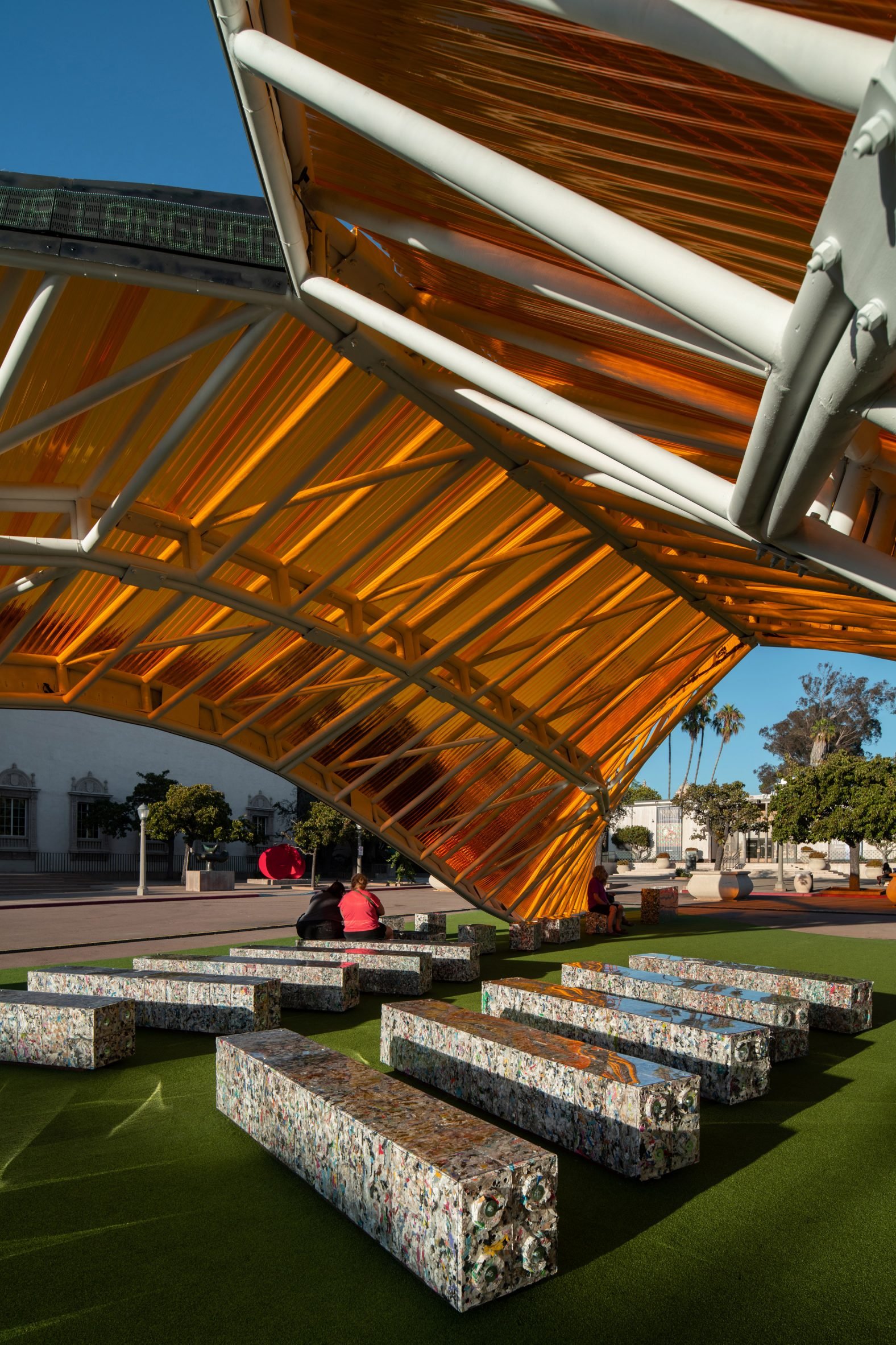 Plastic seating under canopy