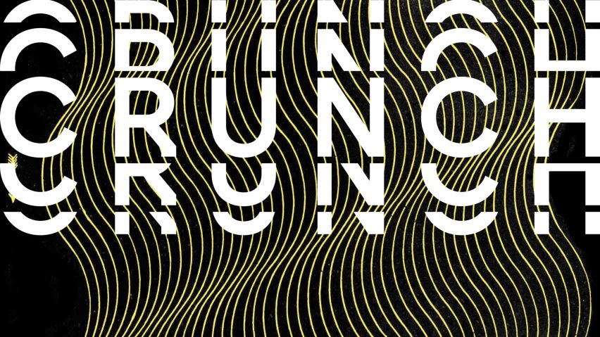 An image of a yellow wav pattern, against a black backdrop. Overlaid on the image is distorted white text that reads 'crunch'.