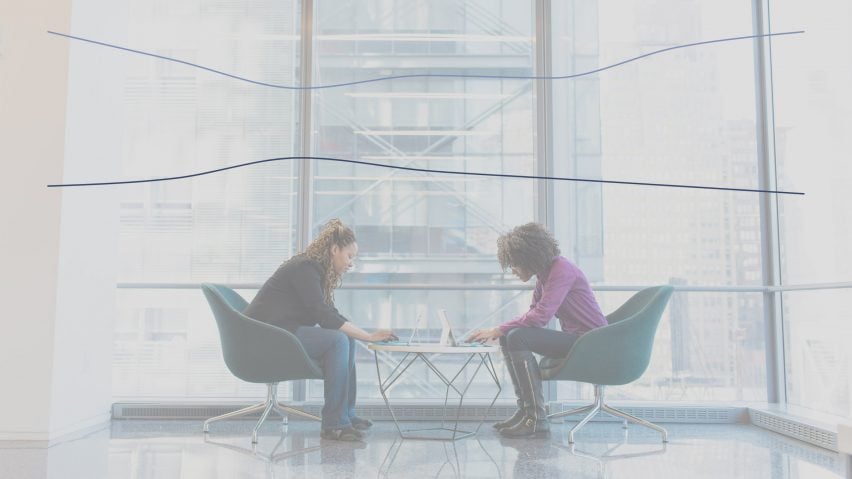 Women working in an office with an overlay of the graph showing the UK architecture gender pay gap