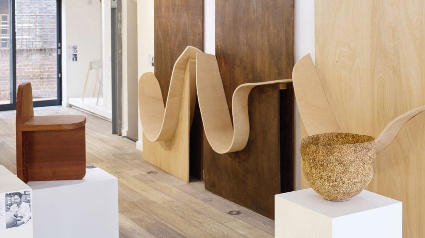 Powershift exhibition at 2024 London Design Festival featuring two seating designs and a timber vessel