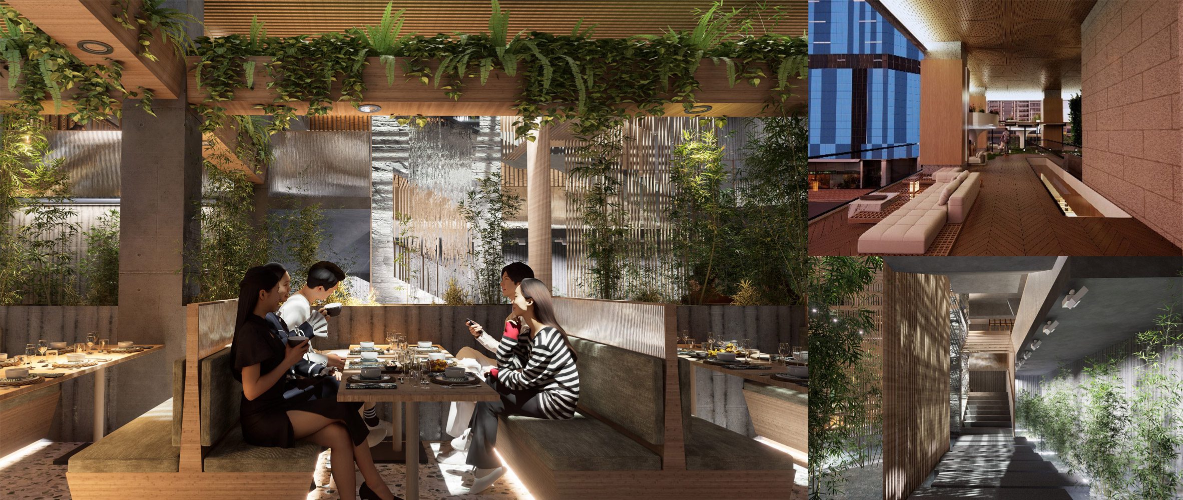 A montage of visualisations of a restaurant that doubles as a homeless shelter, in tones of brown, grey, blue and green. In one of the images, people are seen sat eating at a table.