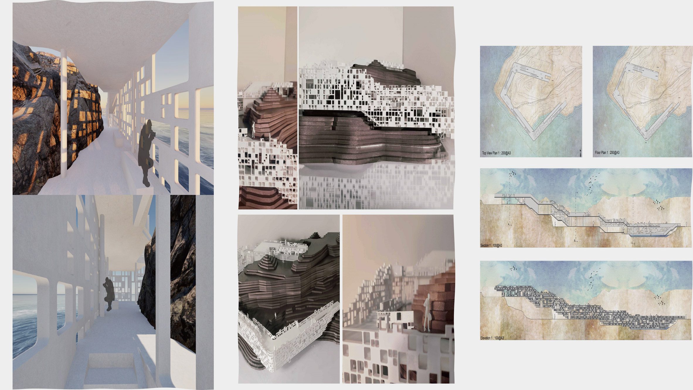 A series of visualisations of a birdwatching centre, in tones of white, blue, beige and brown.