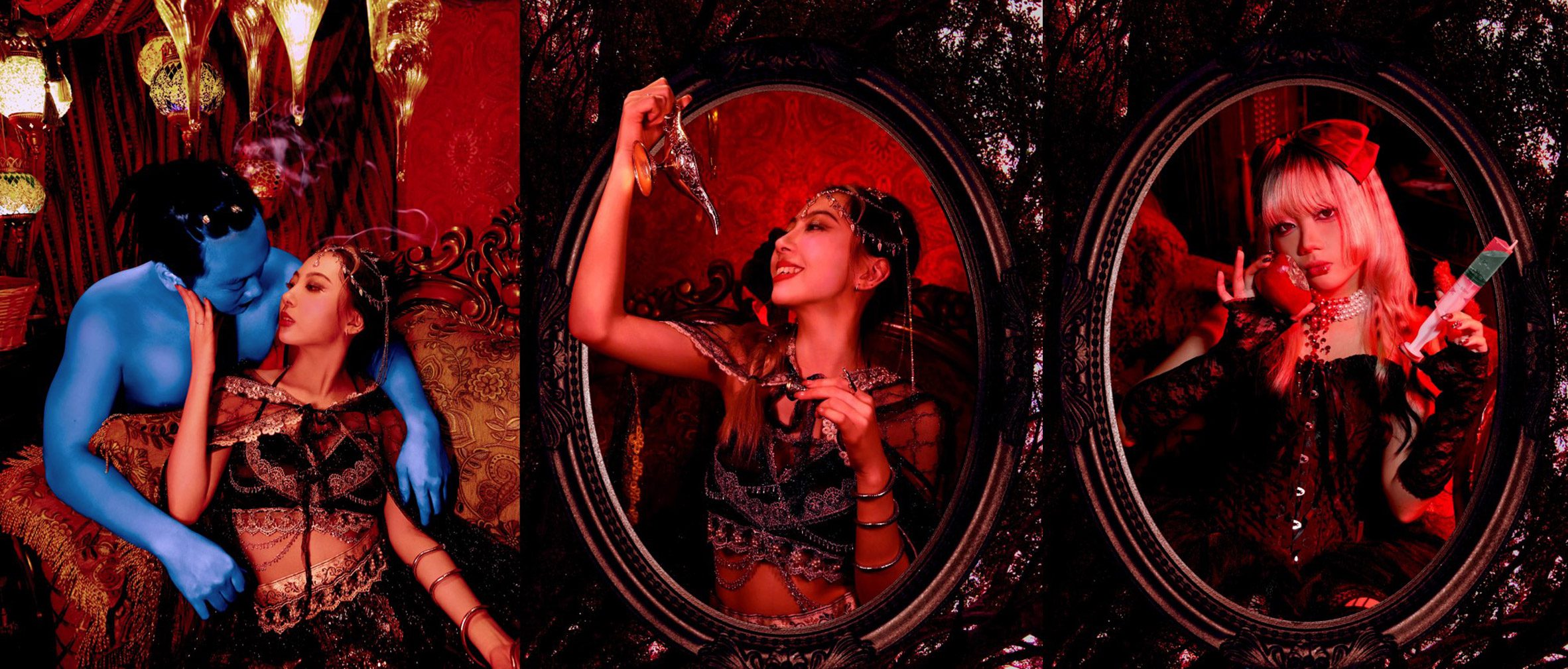 A series of three images. The first shows a person embraced by a person with blue skin, against a red background, the second a person holding up a silver lantern against a red backdrop, and the third a person holding a small red object to their face.