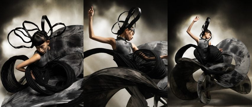 A series of three photographs of a person wearing multiple circular shaped garments in tones of grey and black, against a backdrop of the same colours.