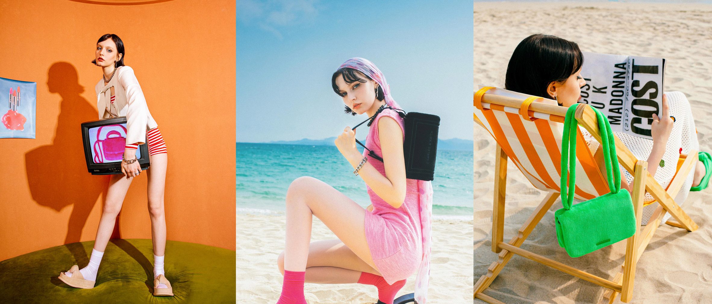 A series of three photographs; the first shows a person holding a television displaying a pink handbag against an orange backdrop and green floor, the second shows a person wearing a pink outfit, holding a black handbag on a beach, and the third shows a person reading, sat in a deckchair on a beach, with a green handbag hanging off the back of it.