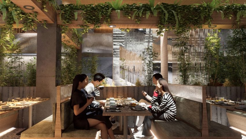 A visualisation of a restaurant that doubles as a homeless shelter, in tones of brown, grey, blue and green, with people sat eating at a table.