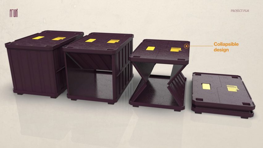 A visualisation of four reusable bins in tones of brown and yellow, against a beige background.