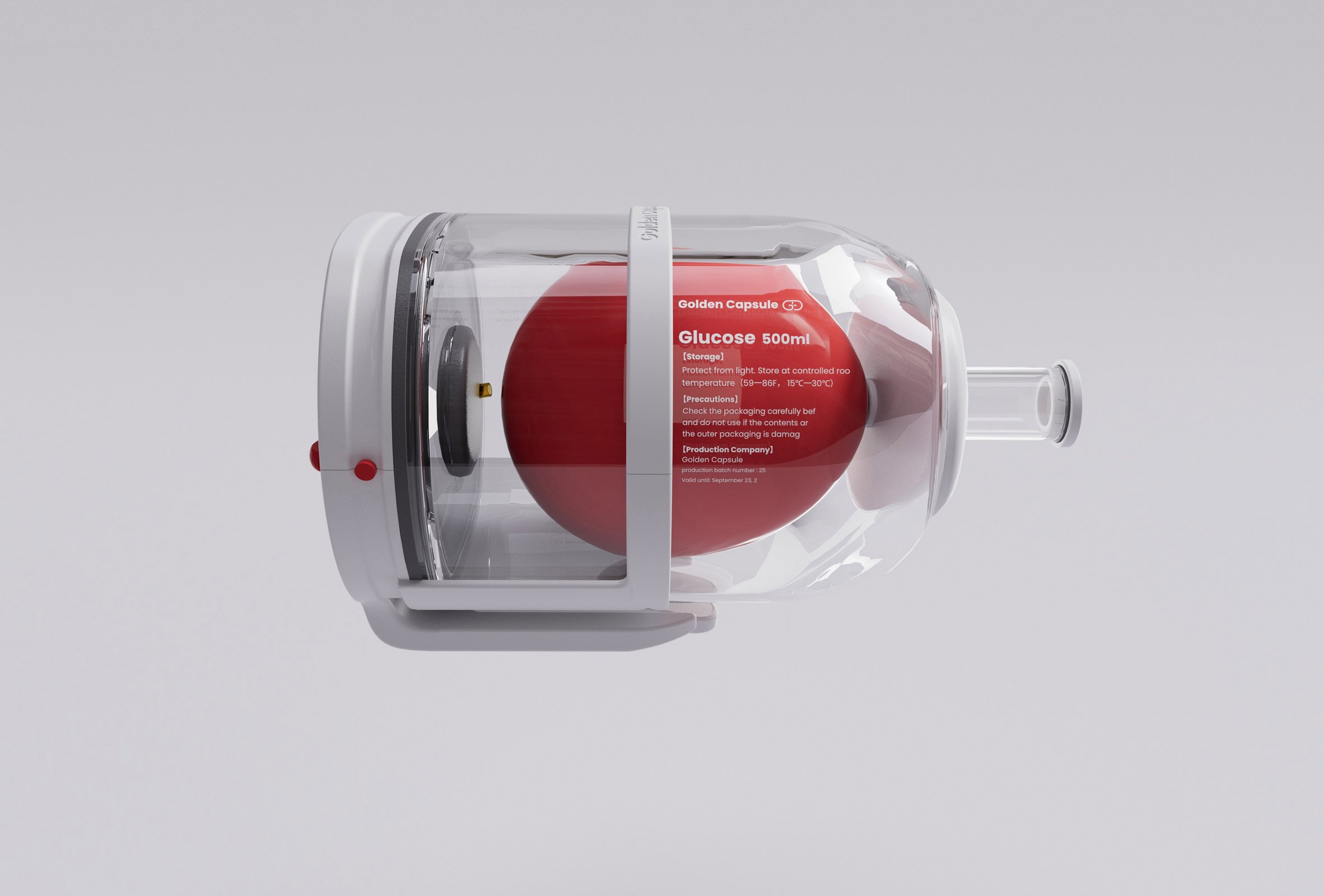 A visualisation of an injection device in tones of grey and red, against a grey backdrop.