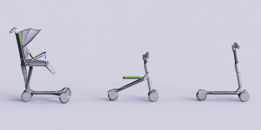 A visualisation of a children's scooter that adapts in form as they get older, in tones of grey and green against a grey backdrop.