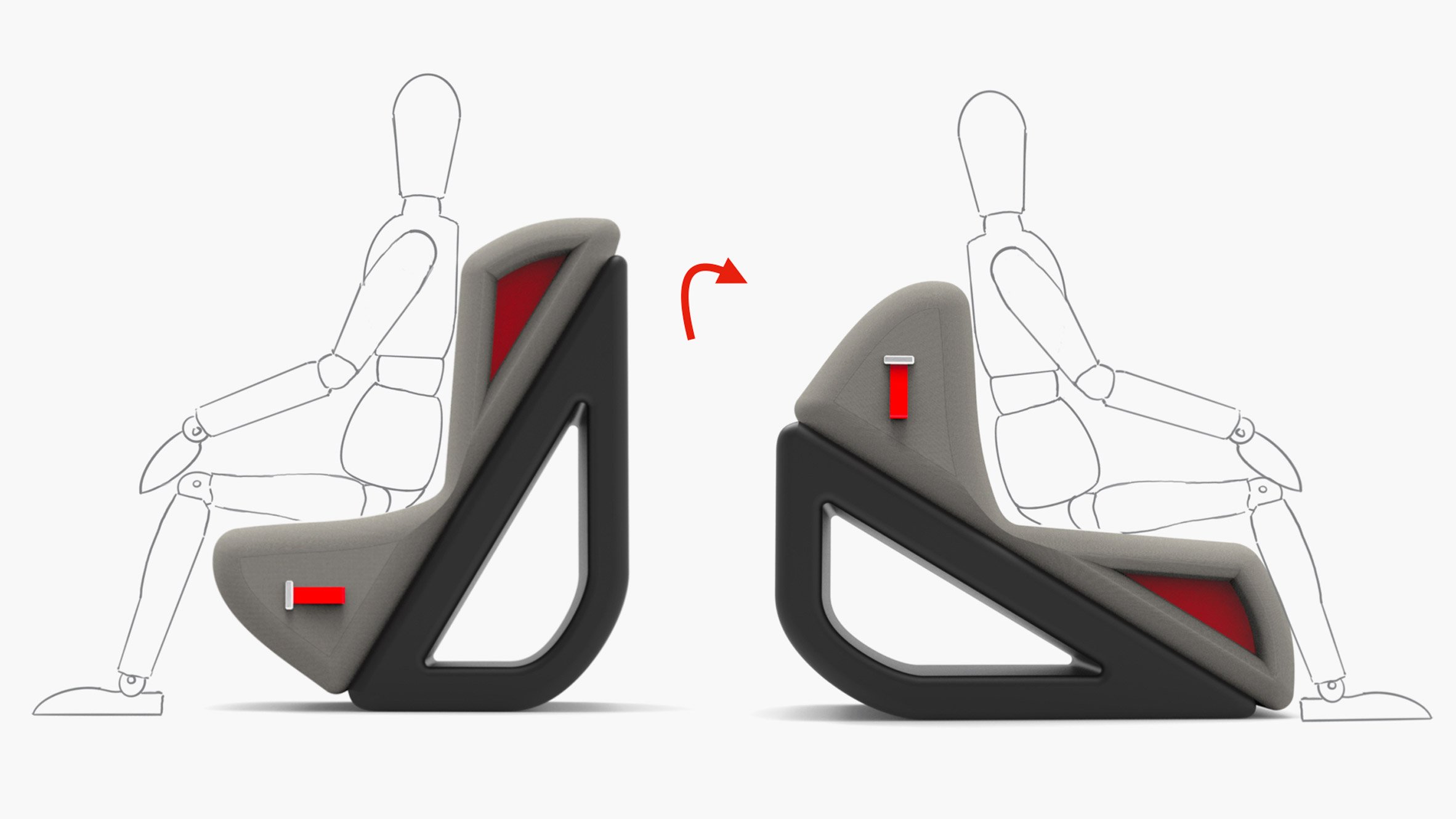 A visualisation of a chair designed to improve posture, in tone of black, grey and red, with a diagram of a person sat on it.