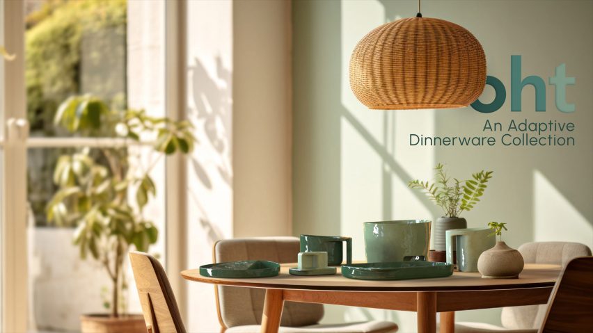 A photograph of a dining room with a table in it with ceramic blue tableware on top of it. At the right of the image, is blue text which reads 'oht', 'an adaptive dinnerware collection'.