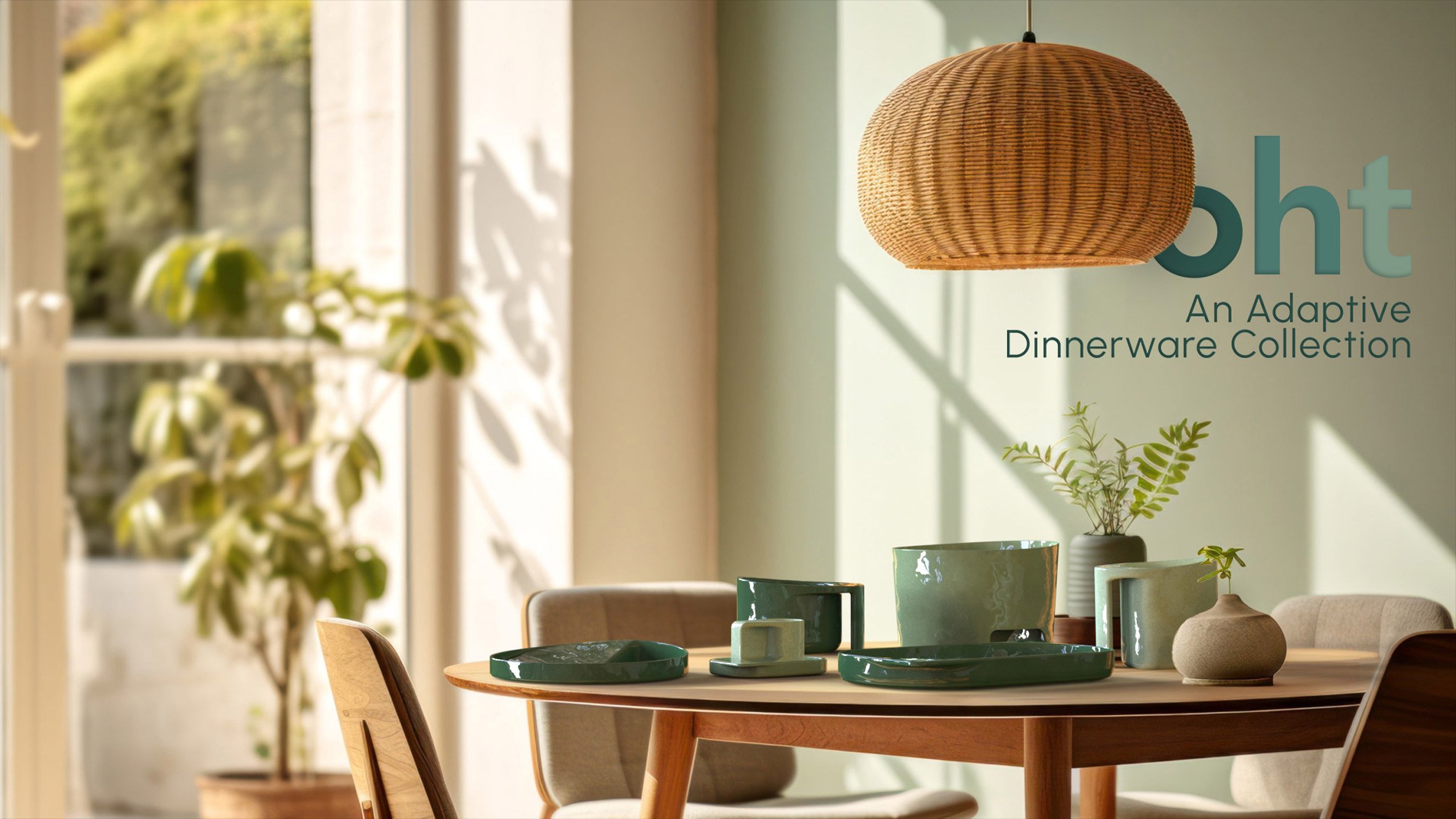 A photograph of a dining room with a table in it with ceramic blue tableware on top of it. At the right of the image, is blue text which reads 'oht', 'an adaptive dinnerware collection'.