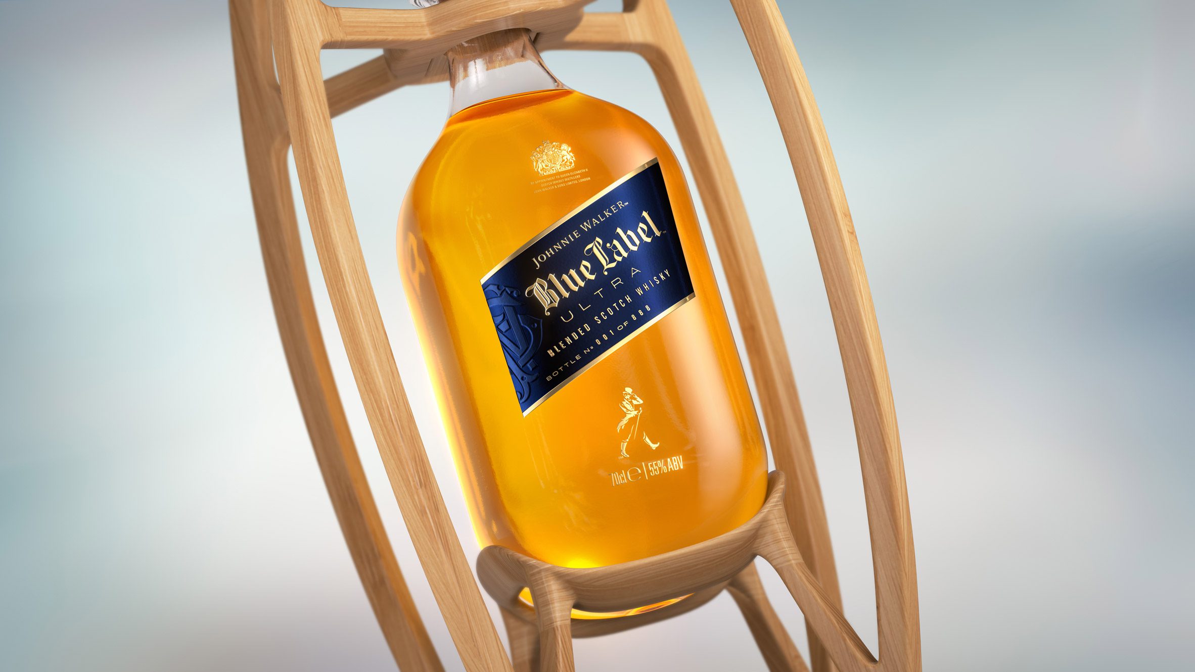 Close-up image of the Johnnie Walker Blue Label Ultra bottle showing slightly sqaured off sides