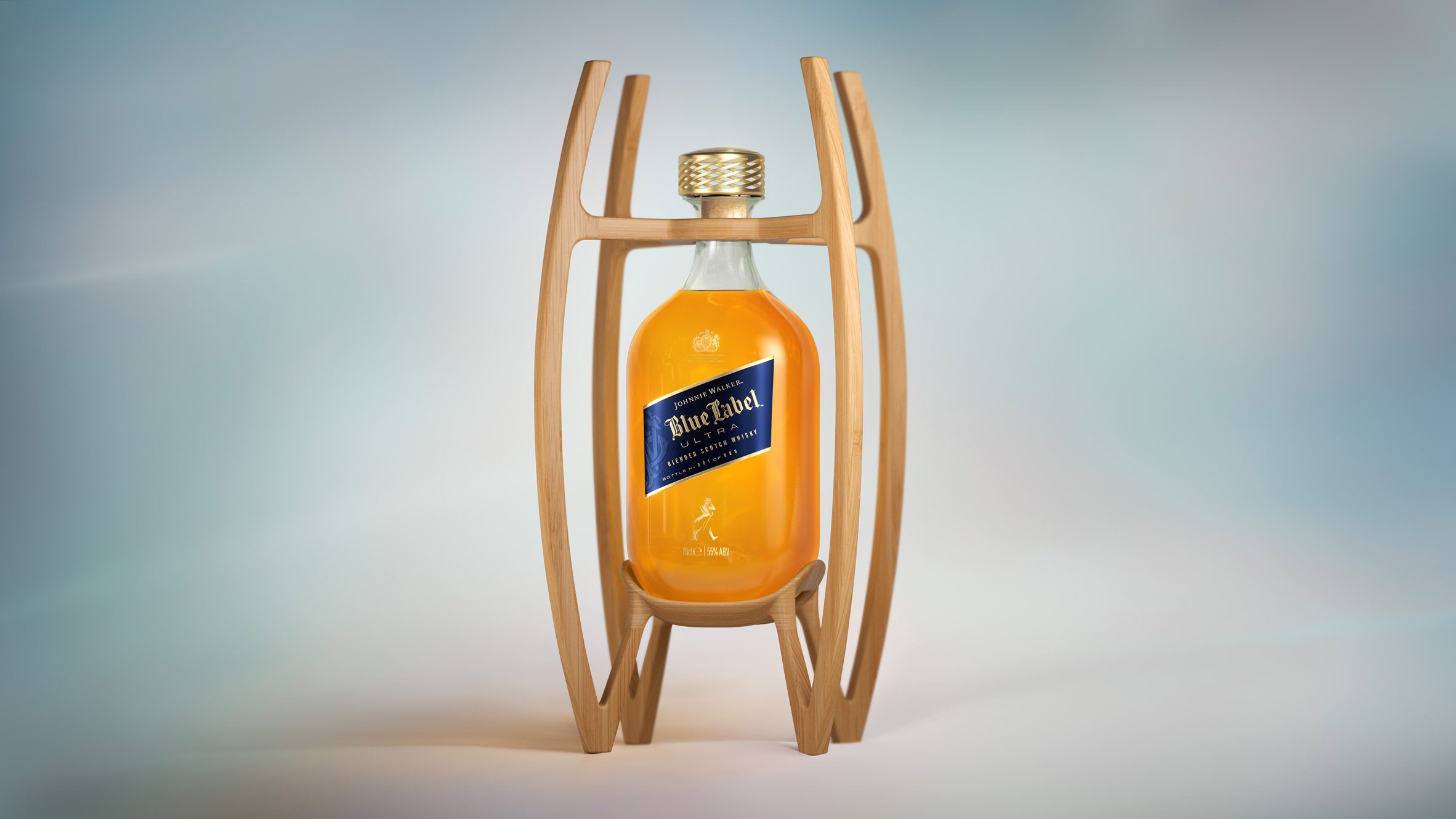 Photo of a thin glass Johnnie Walker bottle sitting within a bamboo cage structure