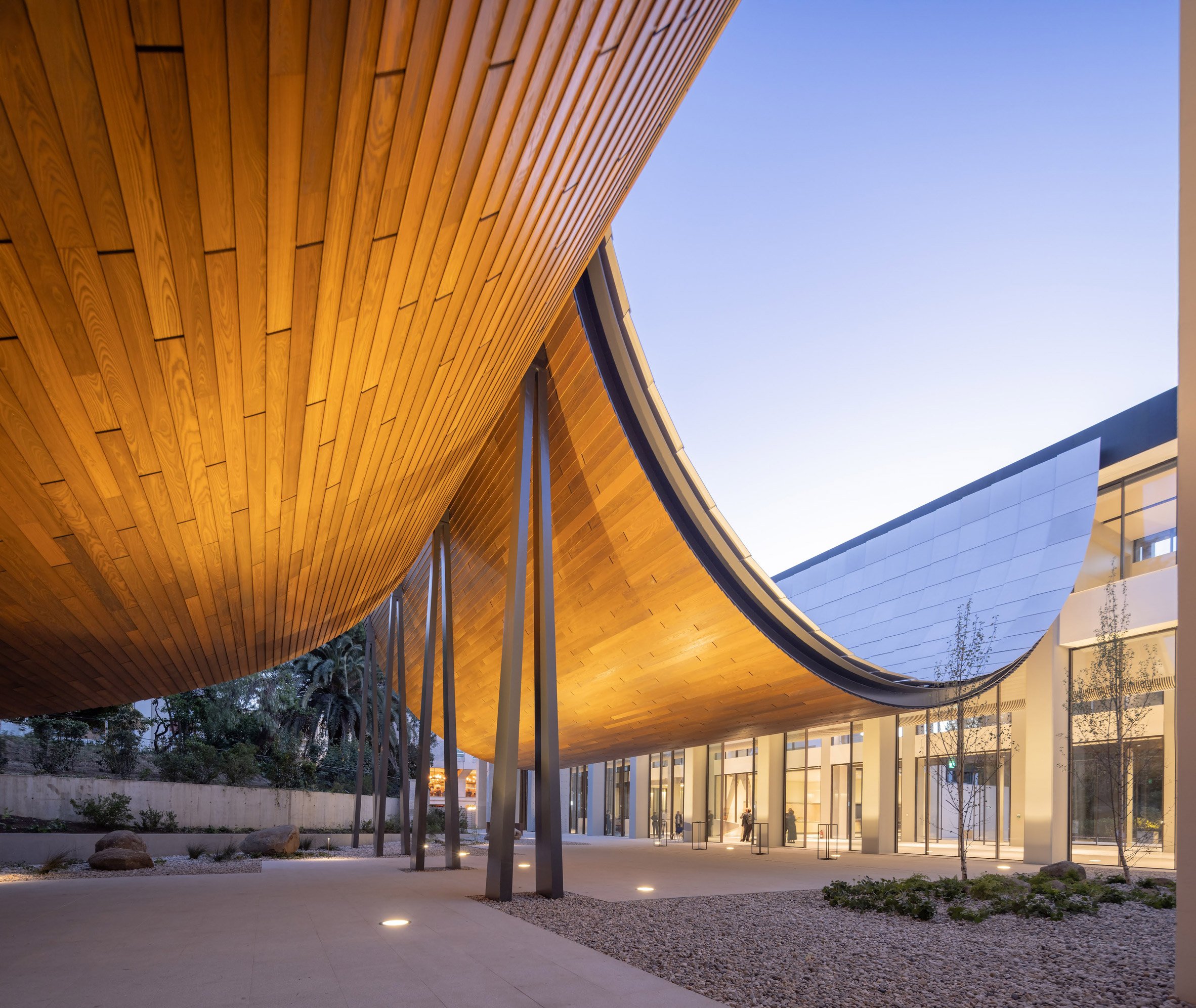 View of new entrance to arts centre by Kengo Kuma