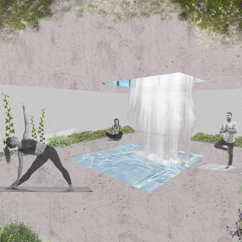 a visualisation of an outdoor space with a waterfall feature. There are figures in the space