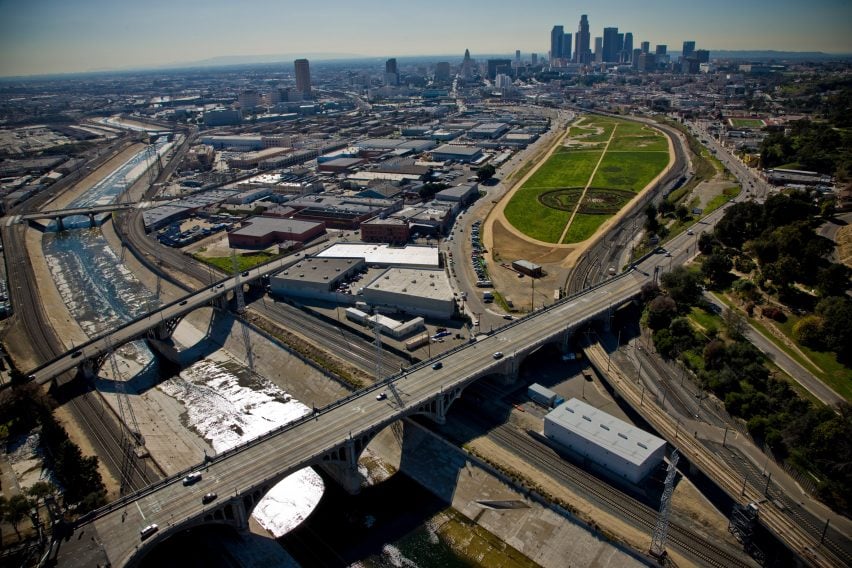 Los Angeles River and skyline from above