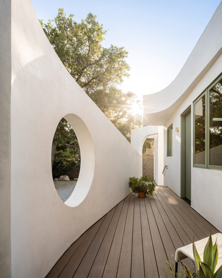 Patio space in front of a white building