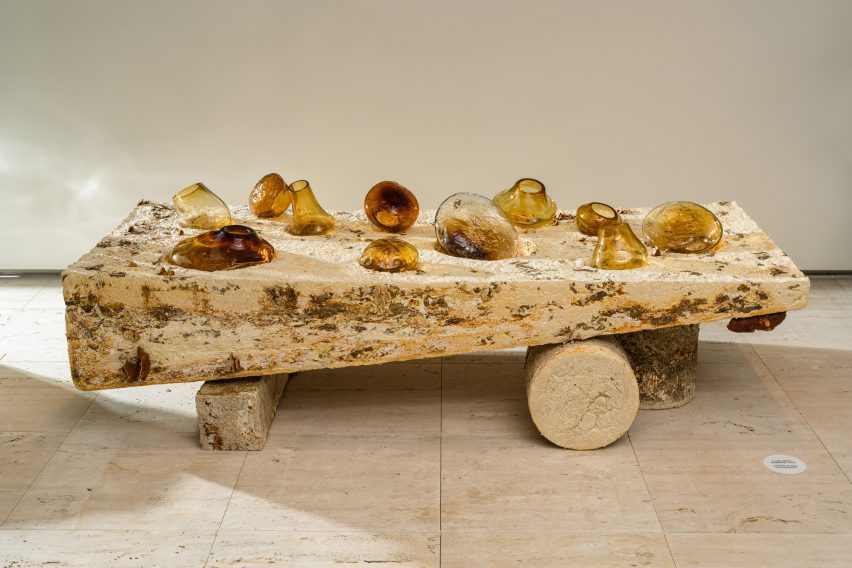 Mushroom table with insets for glassware