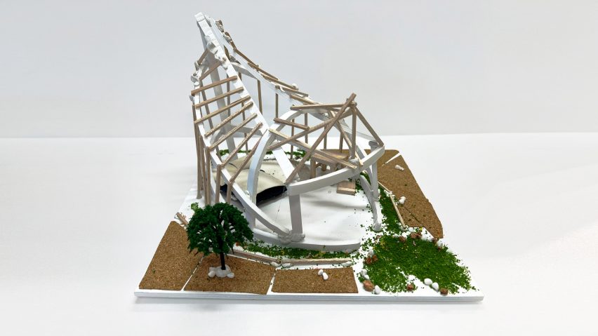 Rendering of a wooden model of Hideaway House by Alexander Zhang