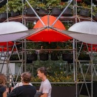 Installation with orange and white tents