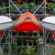 Installation with orange and white tents