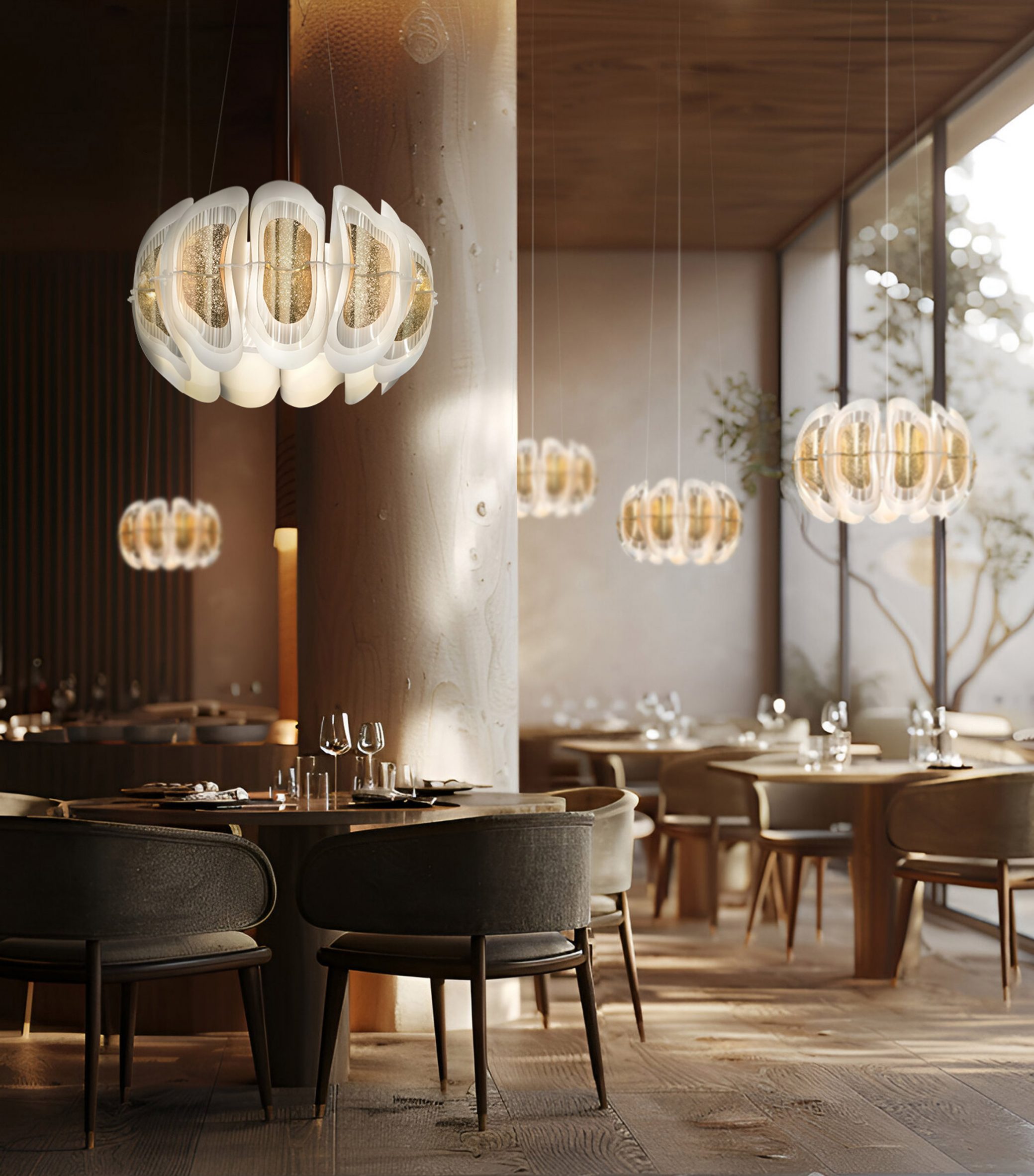 Restaurant with lights hanging above tables